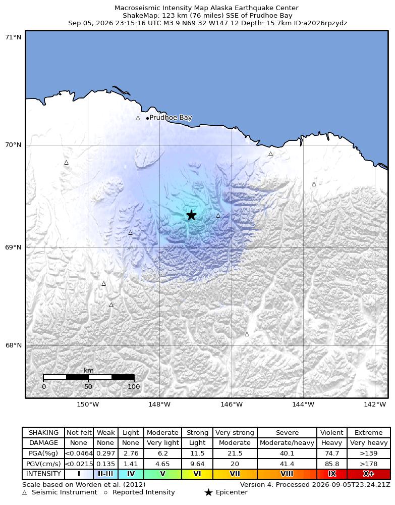 USGS ShakeMap intensity contours for the M3.9 earthquake near 114 km SSE of Prudhoe Bay, Alaska