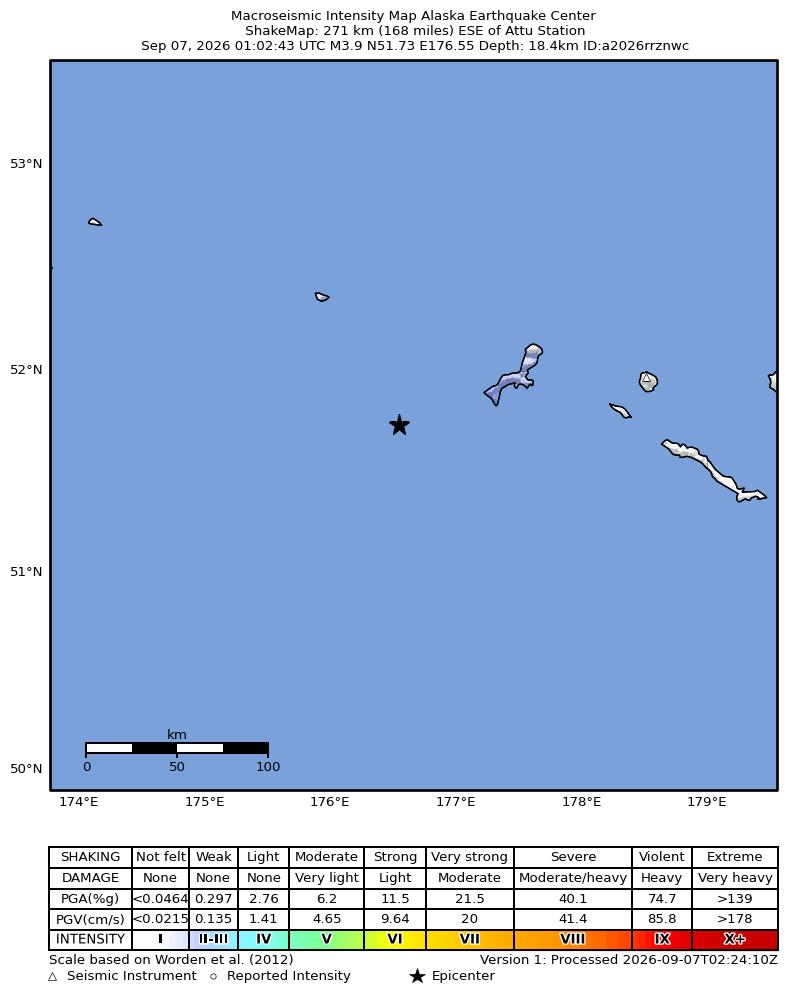 USGS ShakeMap intensity contours for the M3.9 earthquake near 260 km ESE of Attu Station, Alaska