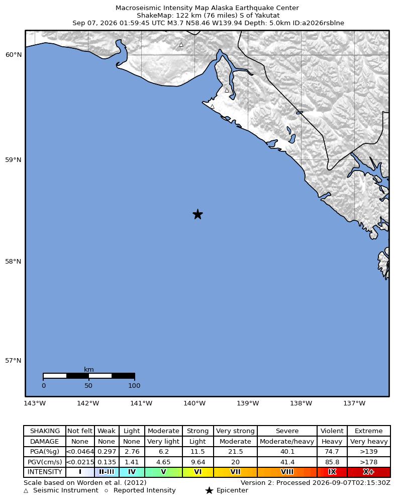 USGS ShakeMap intensity contours for the M3.7 earthquake near 121 km S of Yakutat, Alaska