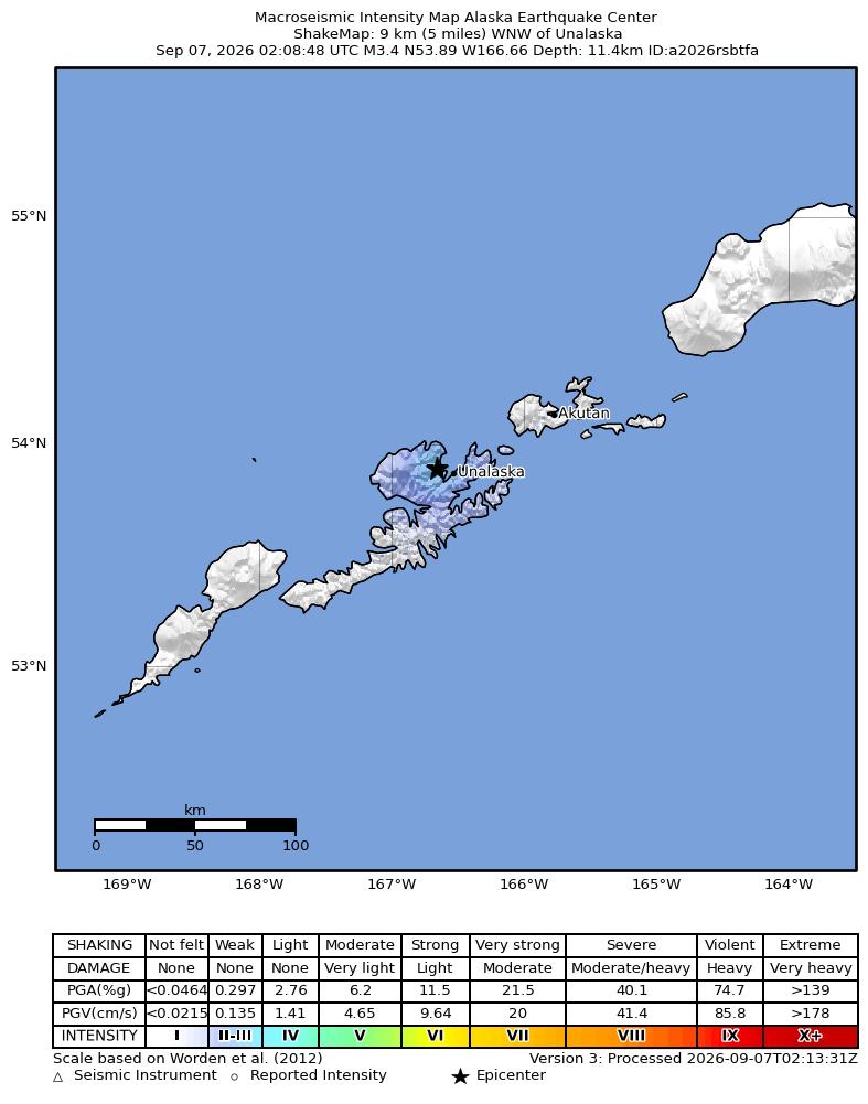 USGS ShakeMap intensity contours for the M3.3 earthquake near 8 km W of Dutch Harbor, Alaska