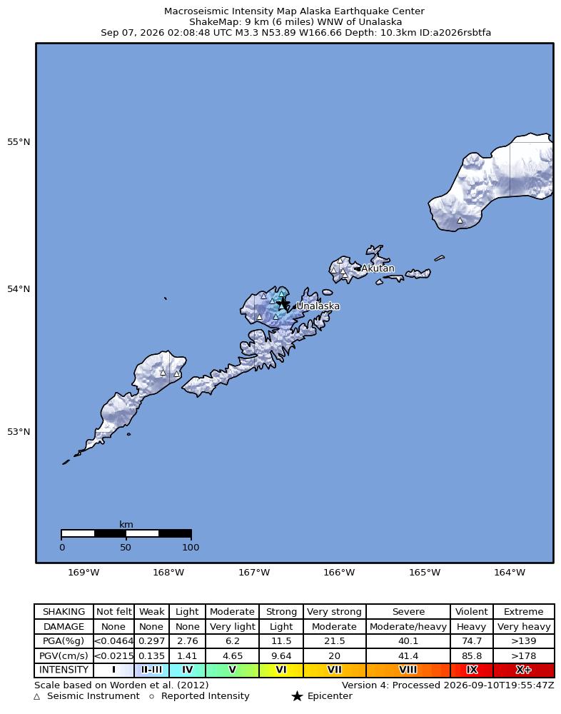 USGS ShakeMap intensity contours for the M3.3 earthquake near 8 km W of Dutch Harbor, Alaska