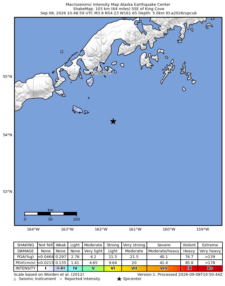 USGS ShakeMap intensity contours for the M4.1 earthquake near 105 km SSE of King Cove, Alaska