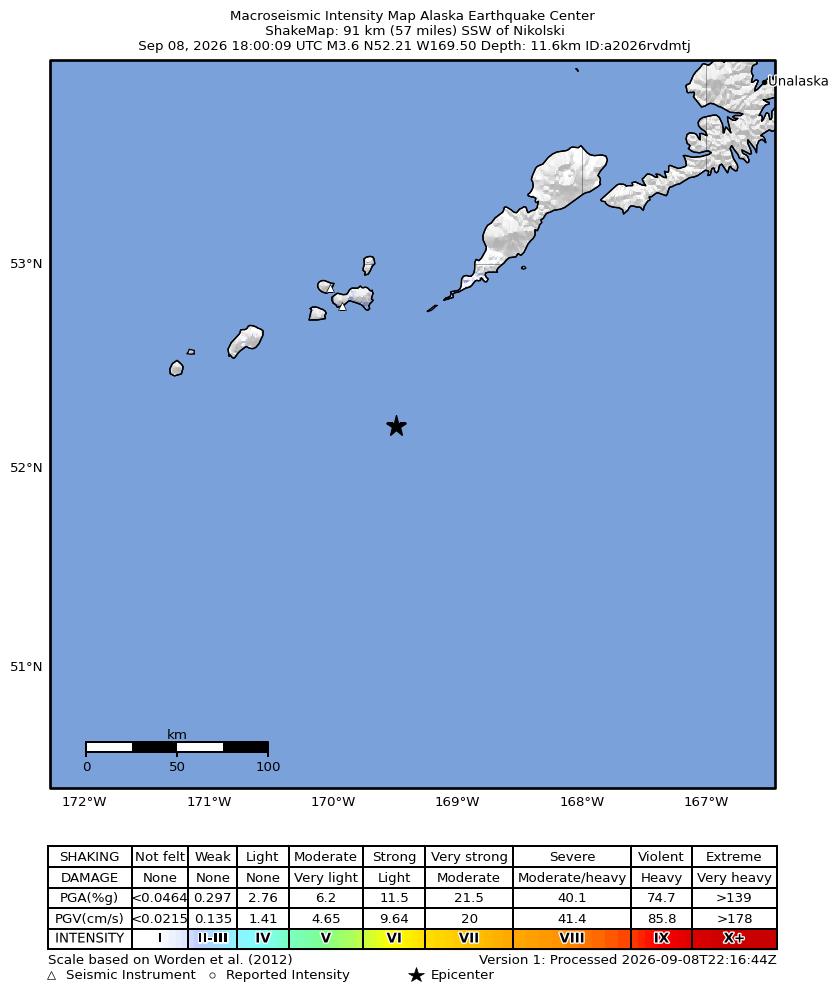 USGS ShakeMap intensity contours for the M3.6 earthquake near 92 km SSW of Nikolski, Alaska