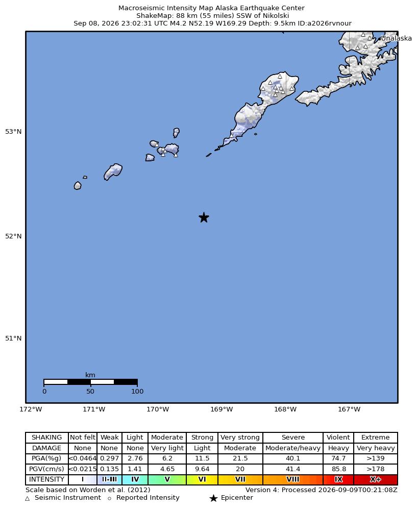 USGS ShakeMap intensity contours for the M4.2 earthquake near 88 km SSW of Nikolski, Alaska