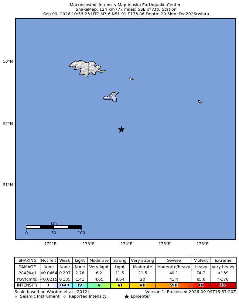 USGS ShakeMap intensity contours for the M3.6 earthquake near 114 km SSE of Attu Station, Alaska