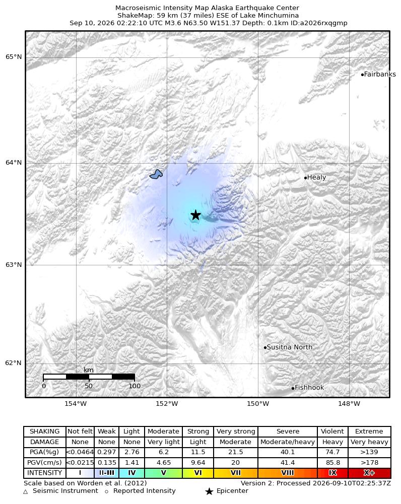USGS ShakeMap intensity contours for the M3.6 earthquake near 16 km E of Denali National Park, Alaska