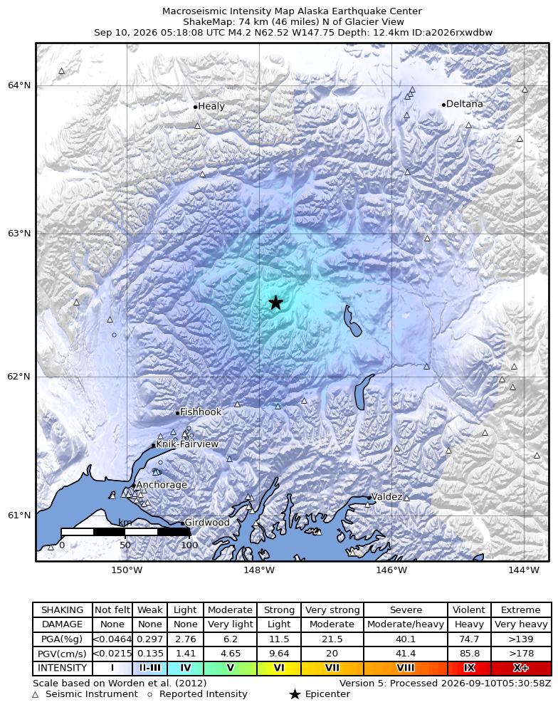 USGS ShakeMap intensity contours for the M4.2 earthquake near 67 km WNW of Lake Louise, Alaska