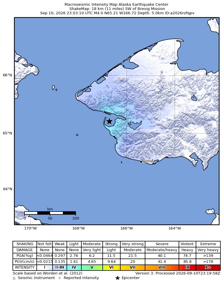 USGS ShakeMap intensity contours for the M4.0 earthquake near 8 km SE of Port Clarence, Alaska