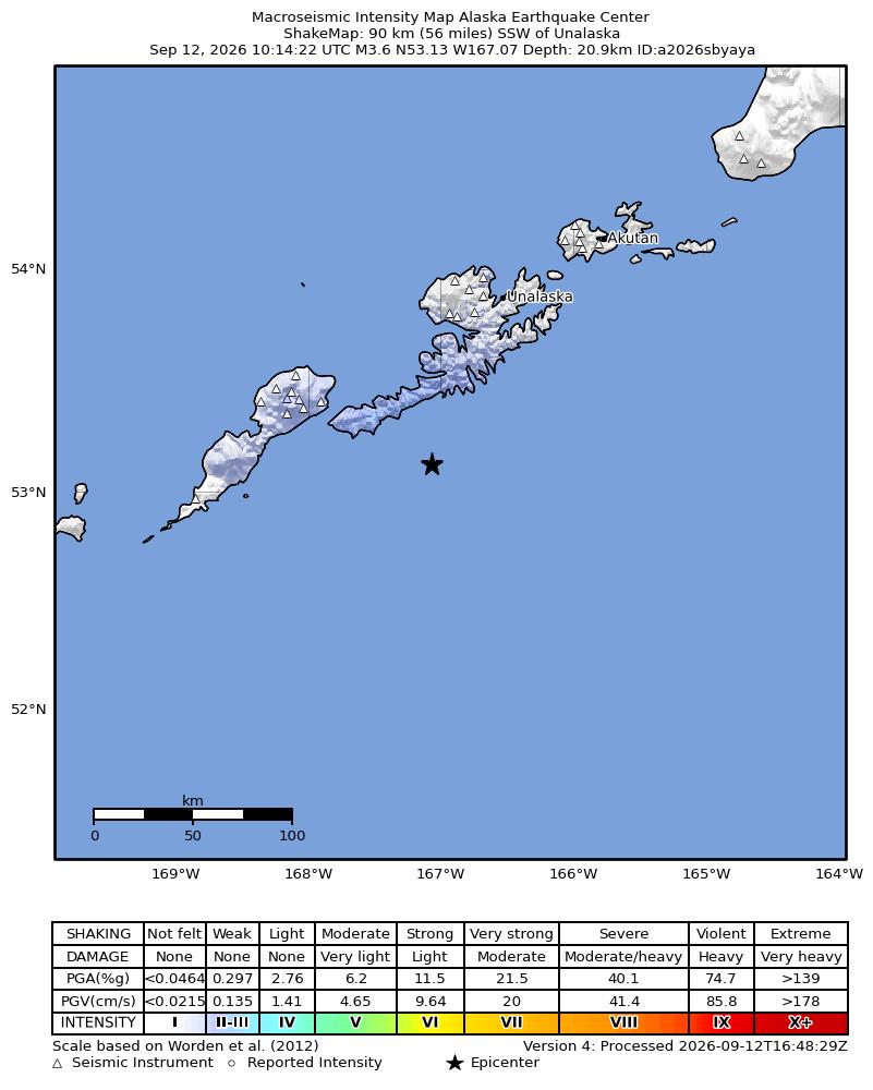 USGS ShakeMap intensity contours for the M3.6 earthquake near 90 km SSW of Unalaska, Alaska
