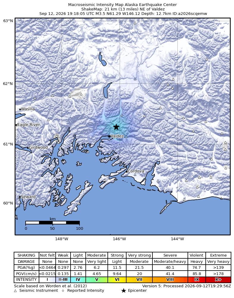 USGS ShakeMap intensity contours for the M3.5 earthquake near 21 km NE of Valdez, Alaska