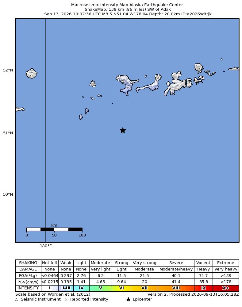 USGS ShakeMap intensity contours for the M3.5 earthquake near 134 km SW of Adak, Alaska