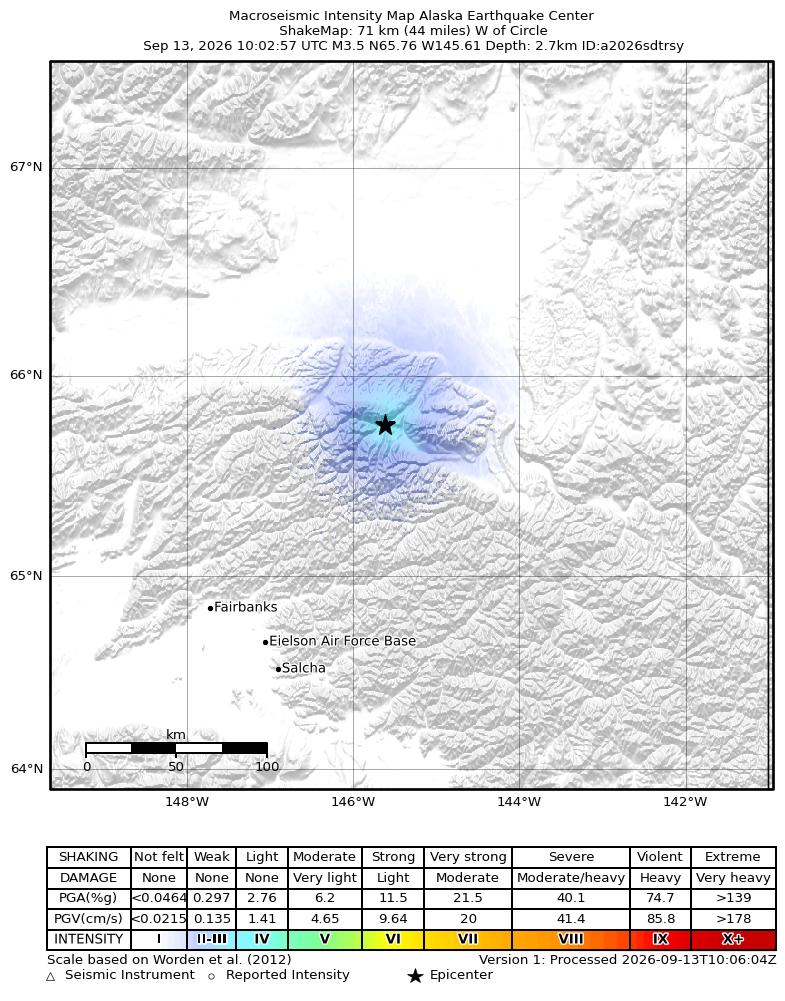 USGS ShakeMap intensity contours for the M3.4 earthquake near 45 km WNW of Central, Alaska