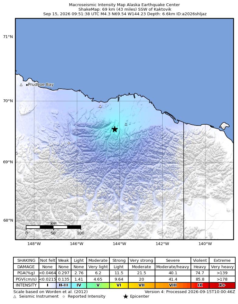 USGS ShakeMap intensity contours for the M4.3 earthquake near 69 km SSW of Kaktovik, Alaska