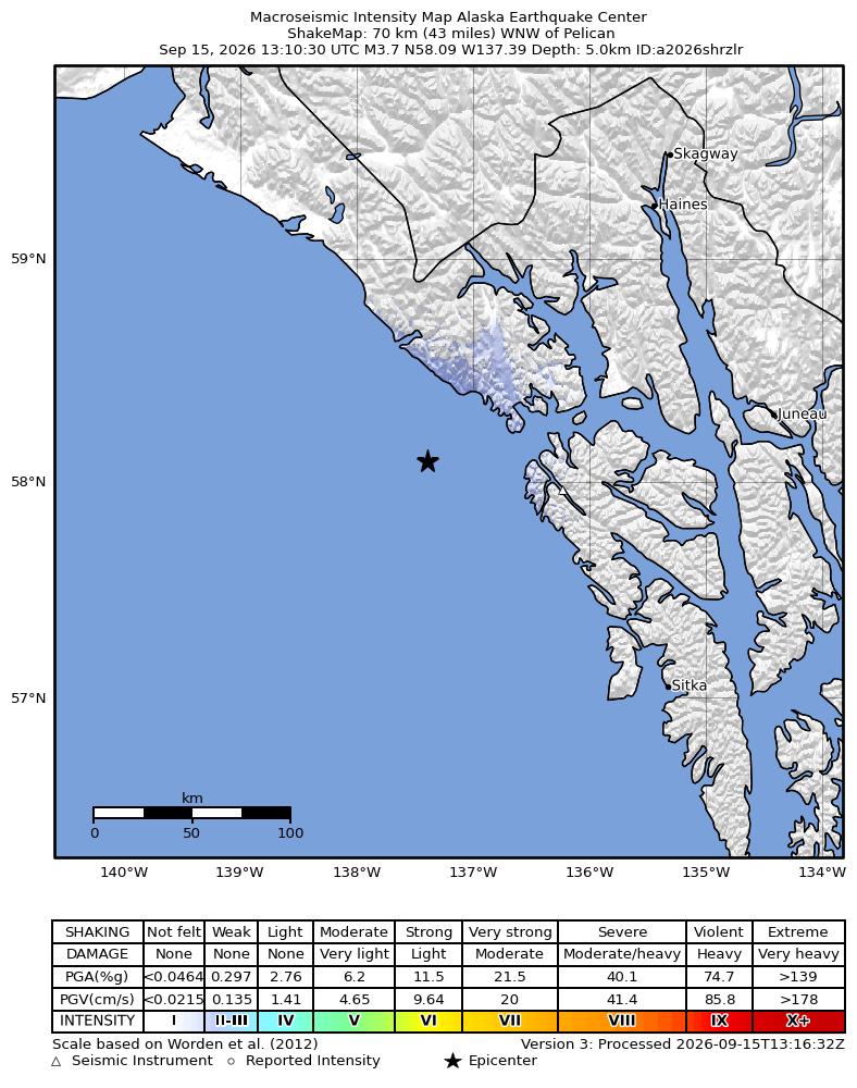 USGS ShakeMap intensity contours for the M3.4 earthquake near 64 km WSW of Elfin Cove, Alaska