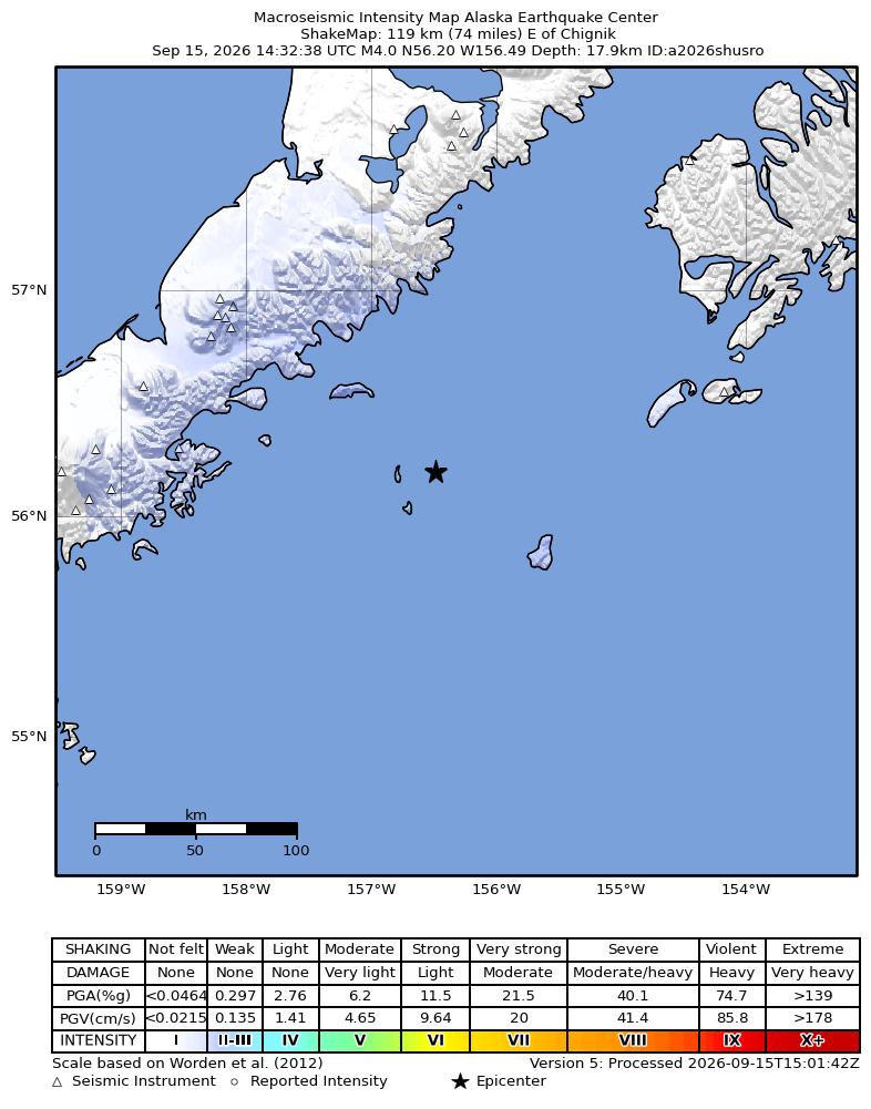 USGS ShakeMap intensity contours for the M4.0 earthquake near 119 km E of Chignik, Alaska