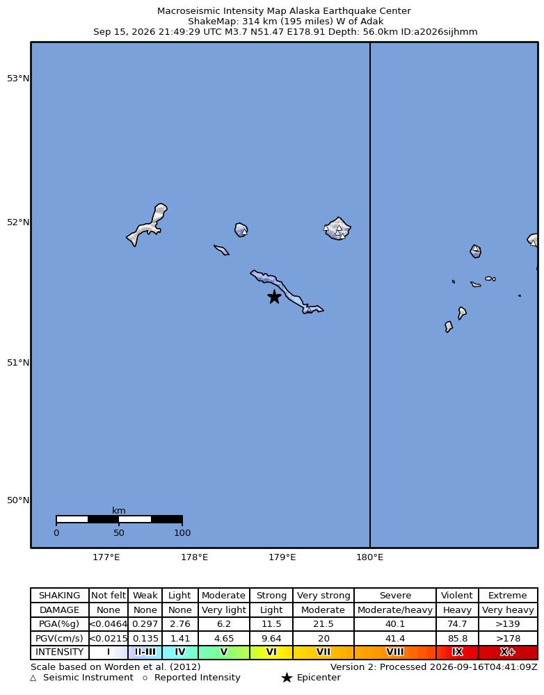 USGS ShakeMap intensity contours for the M3.7 earthquake near Rat Islands, Aleutian Islands, Alaska