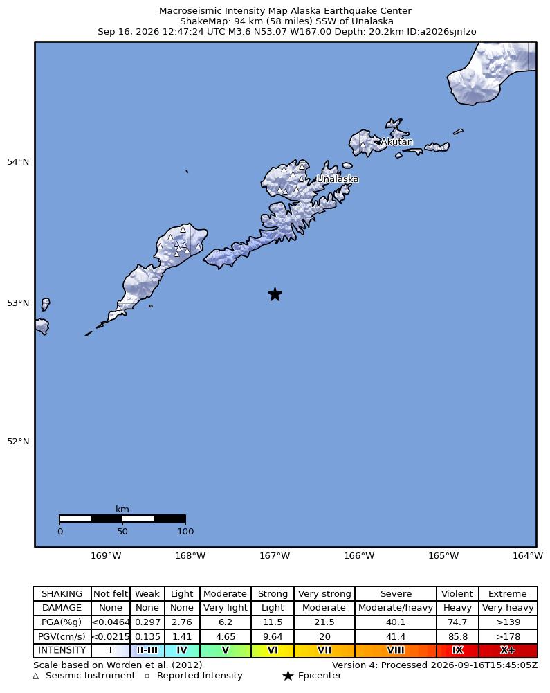 USGS ShakeMap intensity contours for the M3.6 earthquake near 95 km SSW of Unalaska, Alaska