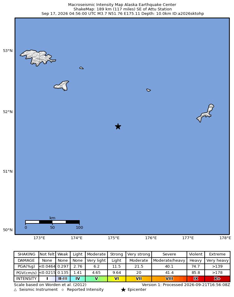 USGS ShakeMap intensity contours for the M3.7 earthquake near 178 km SE of Attu Station, Alaska