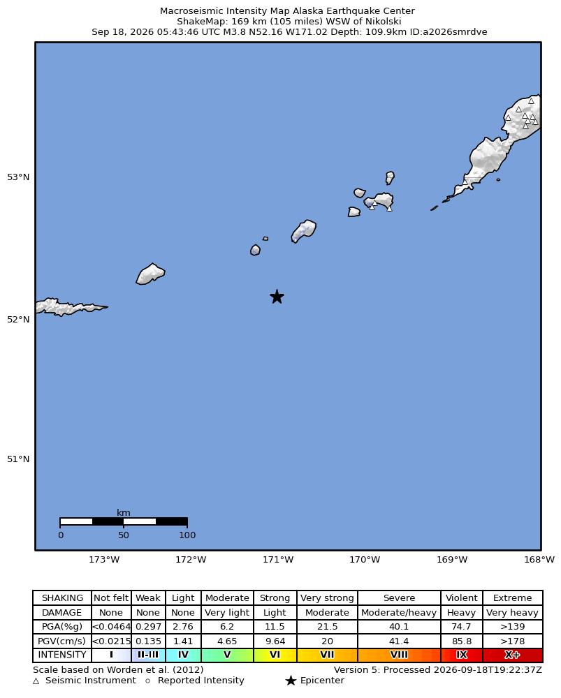 USGS ShakeMap intensity contours for the M3.8 earthquake near 169 km WSW of Nikolski, Alaska