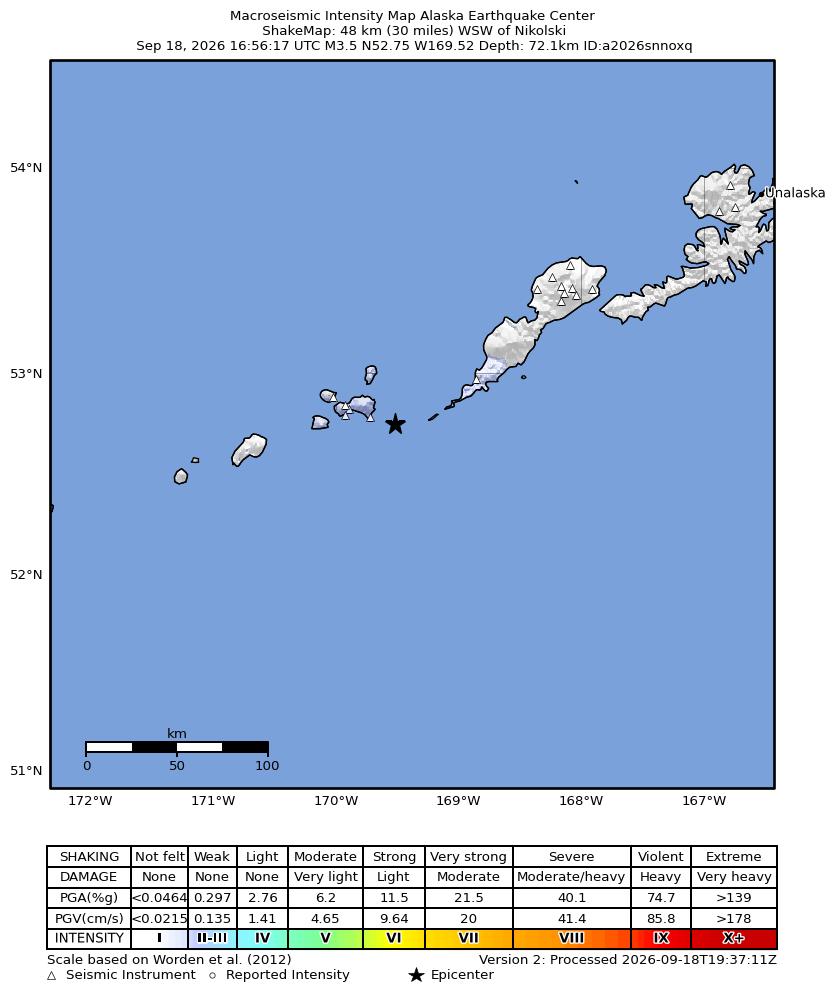 USGS ShakeMap intensity contours for the M3.5 earthquake near 48 km WSW of Nikolski, Alaska