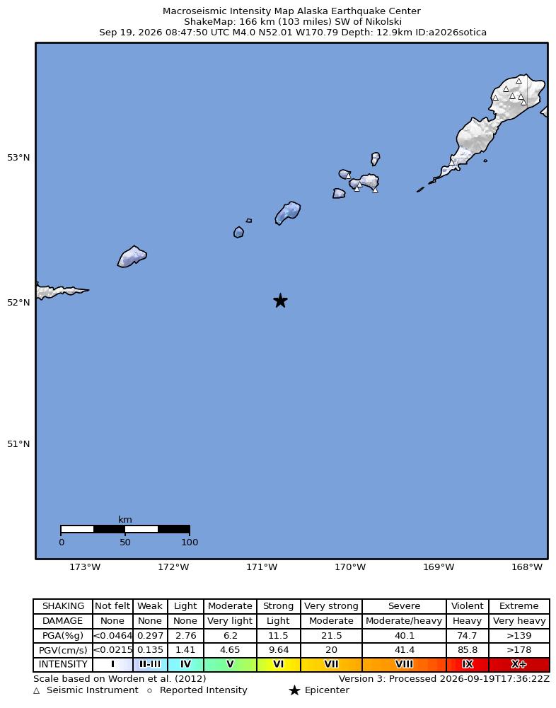 USGS ShakeMap intensity contours for the M4.0 earthquake near 166 km SW of Nikolski, Alaska