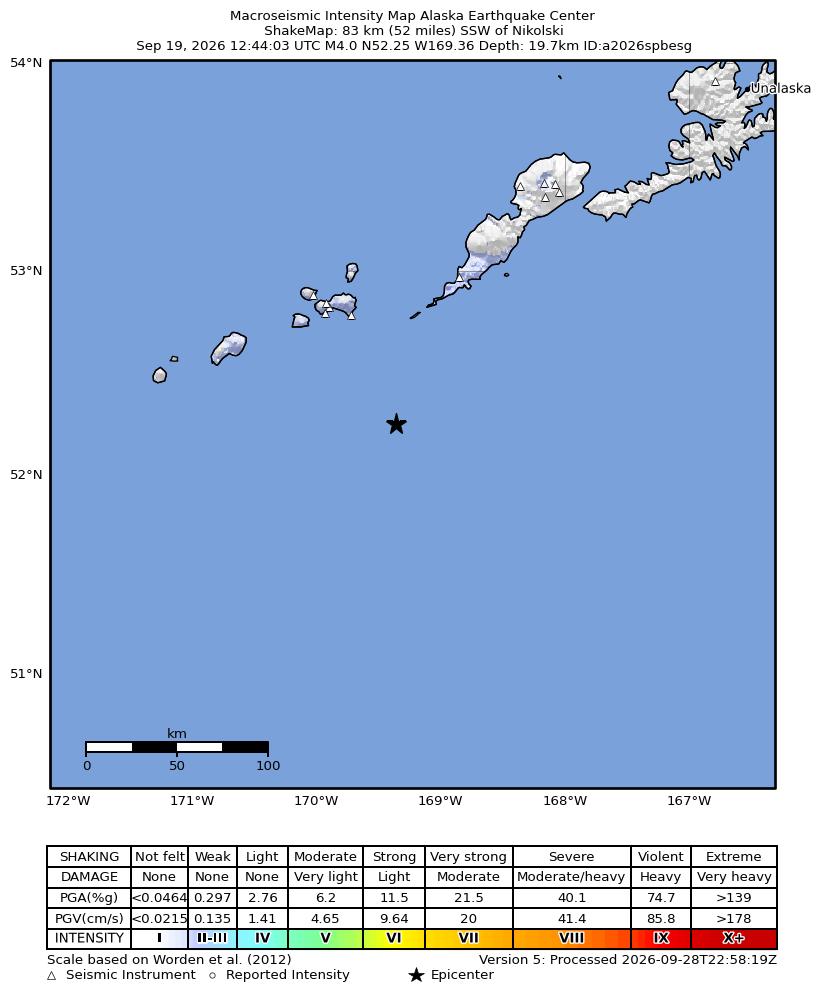 USGS ShakeMap intensity contours for the M4.0 earthquake near 85 km SSW of Nikolski, Alaska