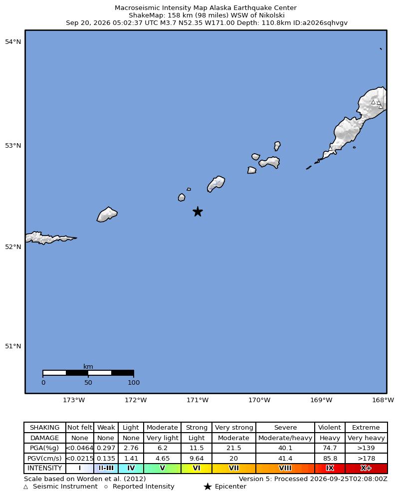 USGS ShakeMap intensity contours for the M3.7 earthquake near 159 km WSW of Nikolski, Alaska