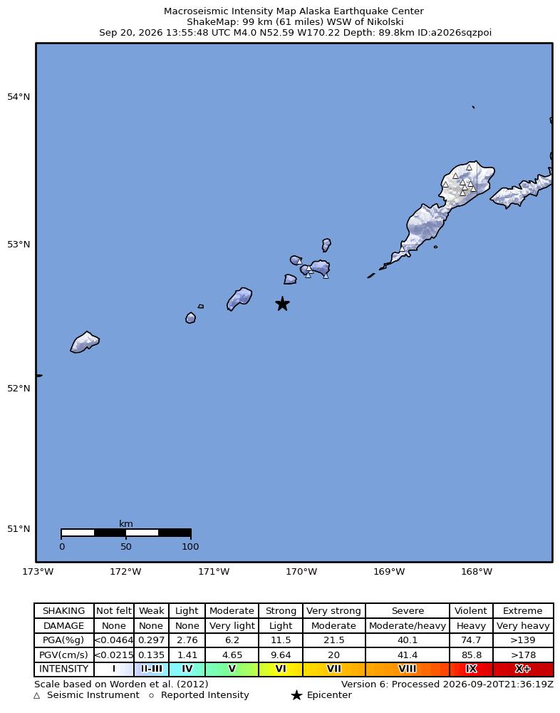 USGS ShakeMap intensity contours for the M4.6 earthquake near 102 km WSW of Nikolski, Alaska