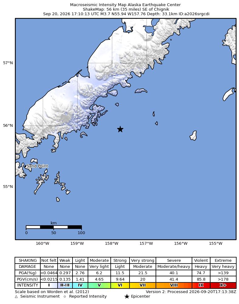 USGS ShakeMap intensity contours for the M3.6 earthquake near 55 km SE of Chignik, Alaska