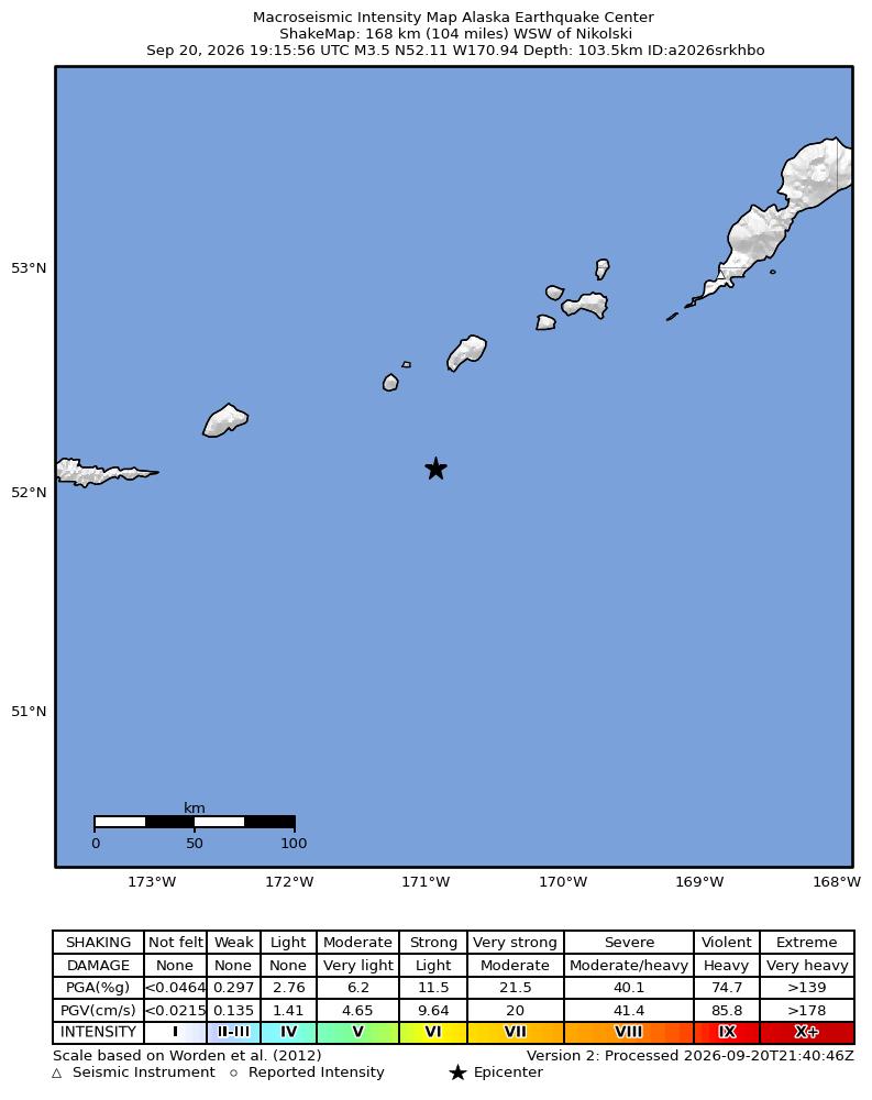 USGS ShakeMap intensity contours for the M3.5 earthquake near 168 km SW of Nikolski, Alaska