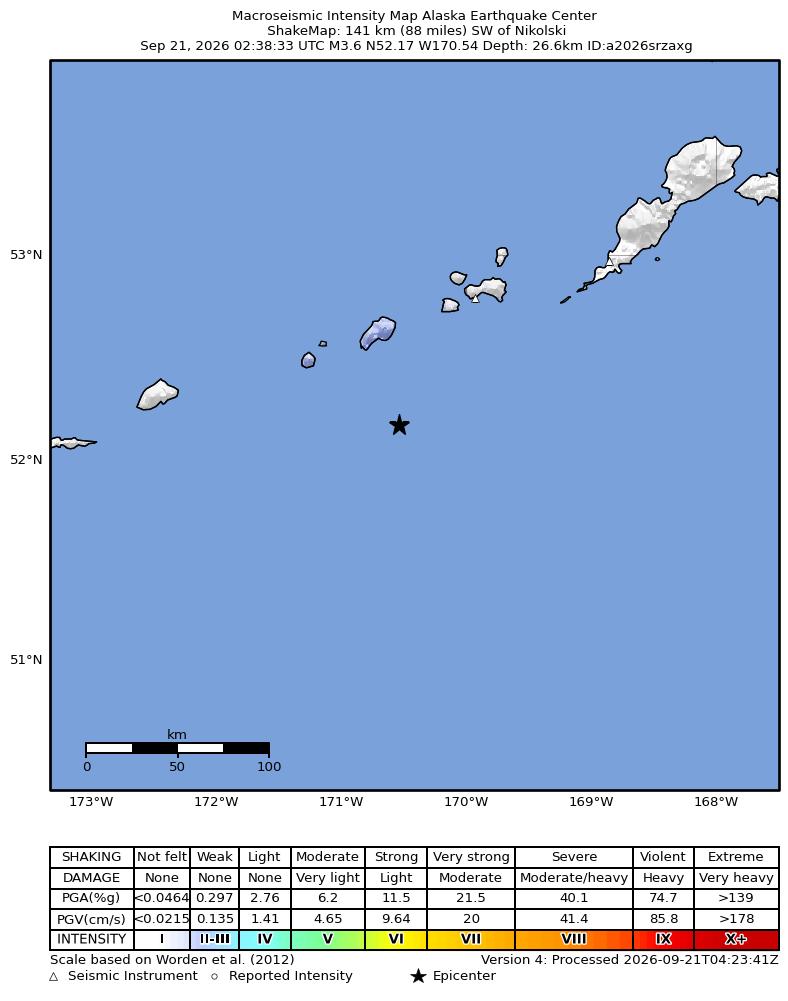 USGS ShakeMap intensity contours for the M3.6 earthquake near 142 km SW of Nikolski, Alaska