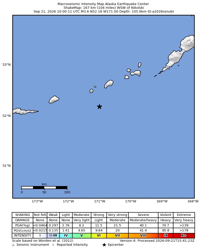 USGS ShakeMap intensity contours for the M3.6 earthquake near 167 km WSW of Nikolski, Alaska