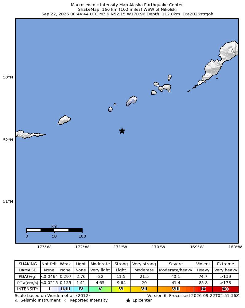 USGS ShakeMap intensity contours for the M3.9 earthquake near 166 km WSW of Nikolski, Alaska