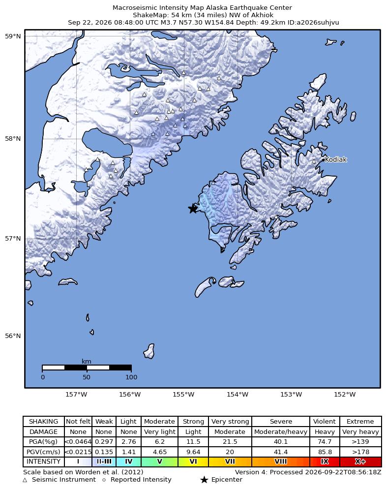 USGS ShakeMap intensity contours for the M3.7 earthquake near 37 km SW of Karluk, Alaska