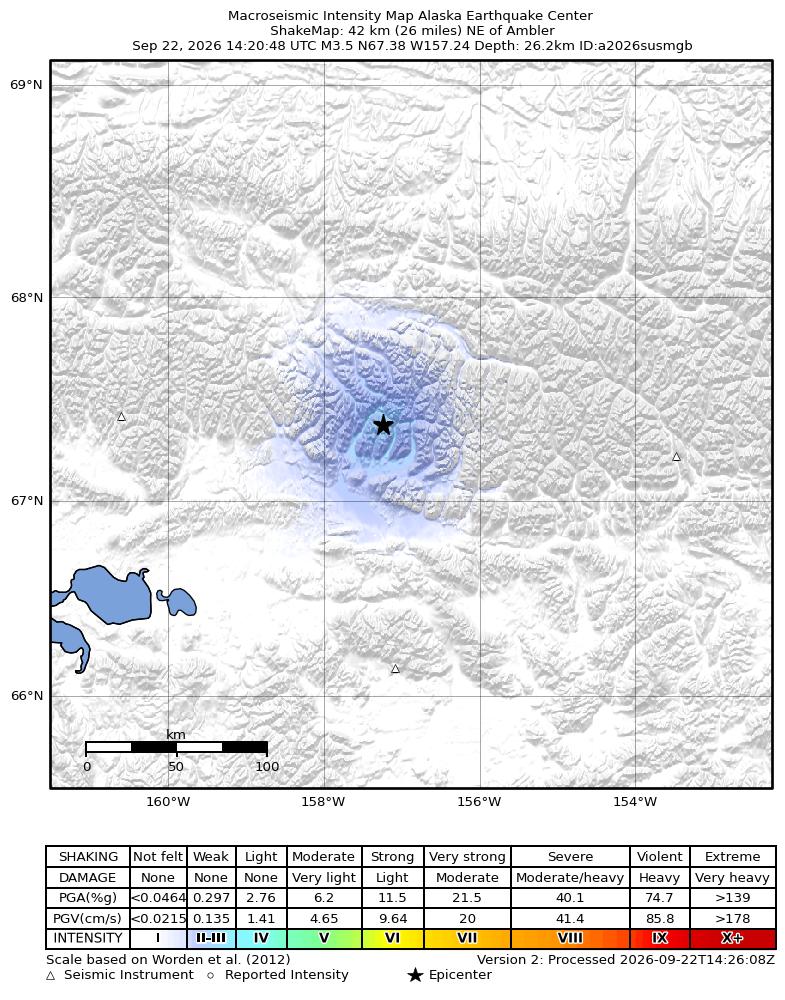 USGS ShakeMap intensity contours for the M3.6 earthquake near 42 km NE of Ambler, Alaska