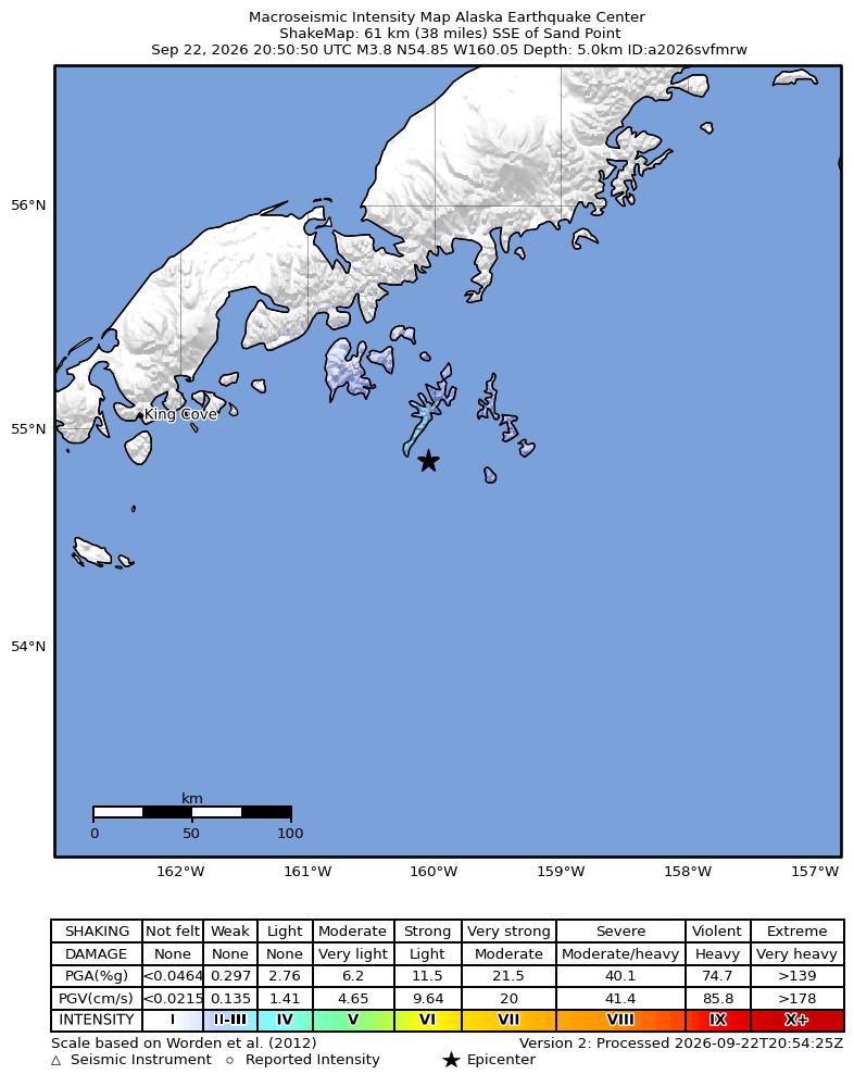 USGS ShakeMap intensity contours for the M3.5 earthquake near 53 km SE of Sand Point, Alaska