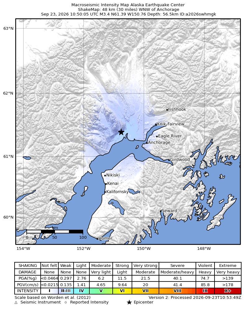 USGS ShakeMap intensity contours for the M3.2 earthquake near 21 km SW of Susitna, Alaska