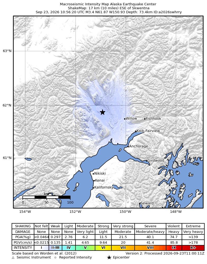 USGS ShakeMap intensity contours for the M3.2 earthquake near 27 km ESE of Skwentna, Alaska