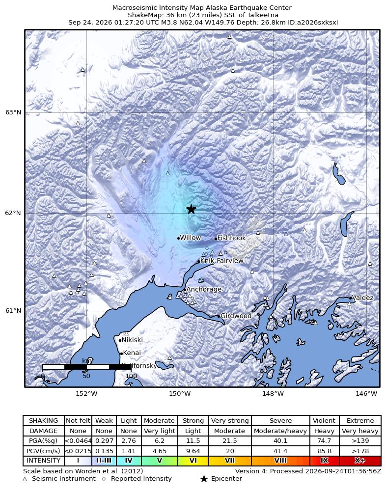 USGS ShakeMap intensity contours for the M3.8 earthquake near 14 km SSE of Susitna North, Alaska