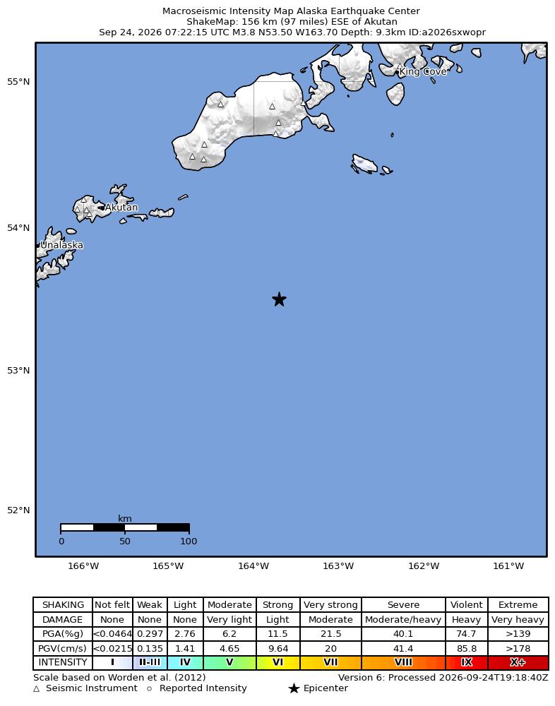 USGS ShakeMap intensity contours for the M3.8 earthquake near 151 km S of False Pass, Alaska
