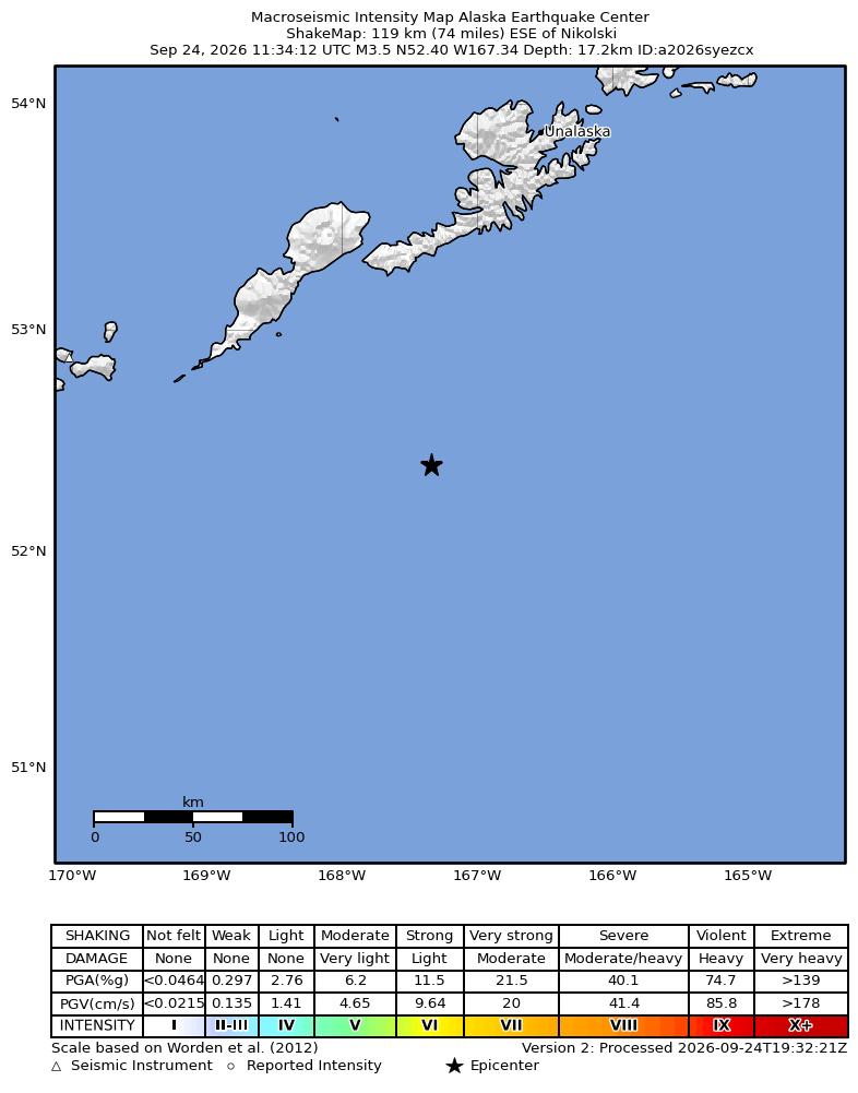 USGS ShakeMap intensity contours for the M3.5 earthquake near 119 km ESE of Nikolski, Alaska