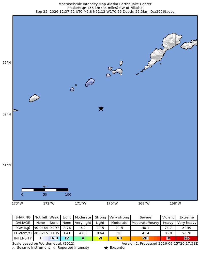 USGS ShakeMap intensity contours for the M3.8 earthquake near 136 km SW of Nikolski, Alaska