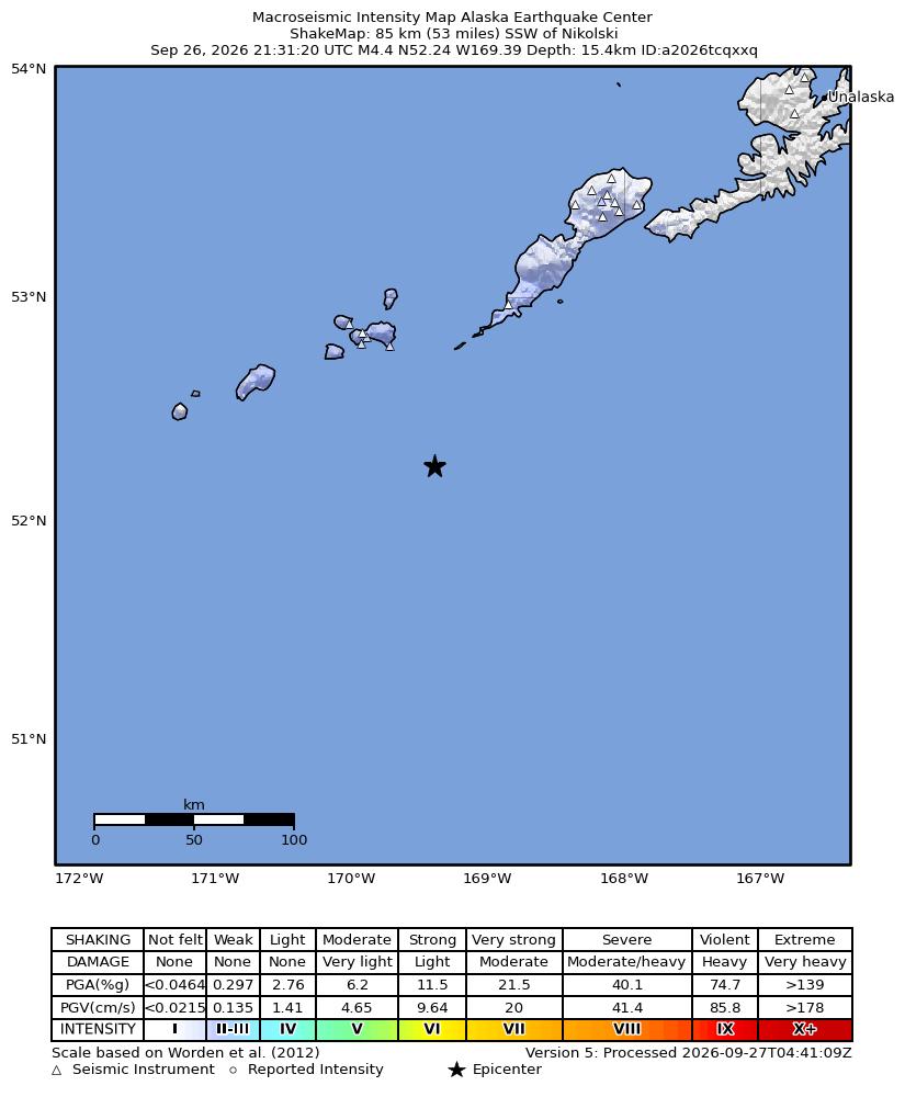 USGS ShakeMap intensity contours for the M4.4 earthquake near 85 km SSW of Nikolski, Alaska