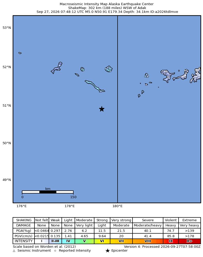 USGS ShakeMap intensity contours for the M4.6 earthquake near Rat Islands, Aleutian Islands, Alaska