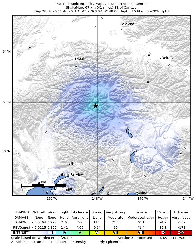 USGS ShakeMap intensity contours for the M3.9 earthquake near 67 km SE of Cantwell, Alaska