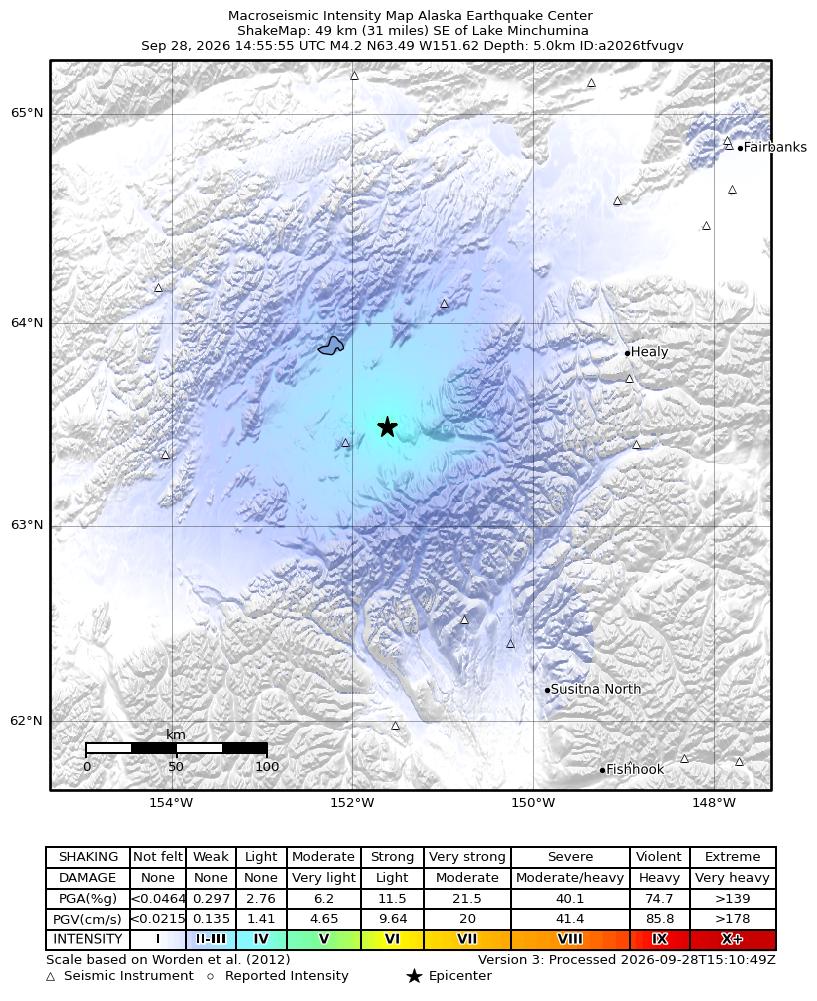 USGS ShakeMap intensity contours for the M4.2 earthquake near 7 km SE of Denali National Park, Alaska