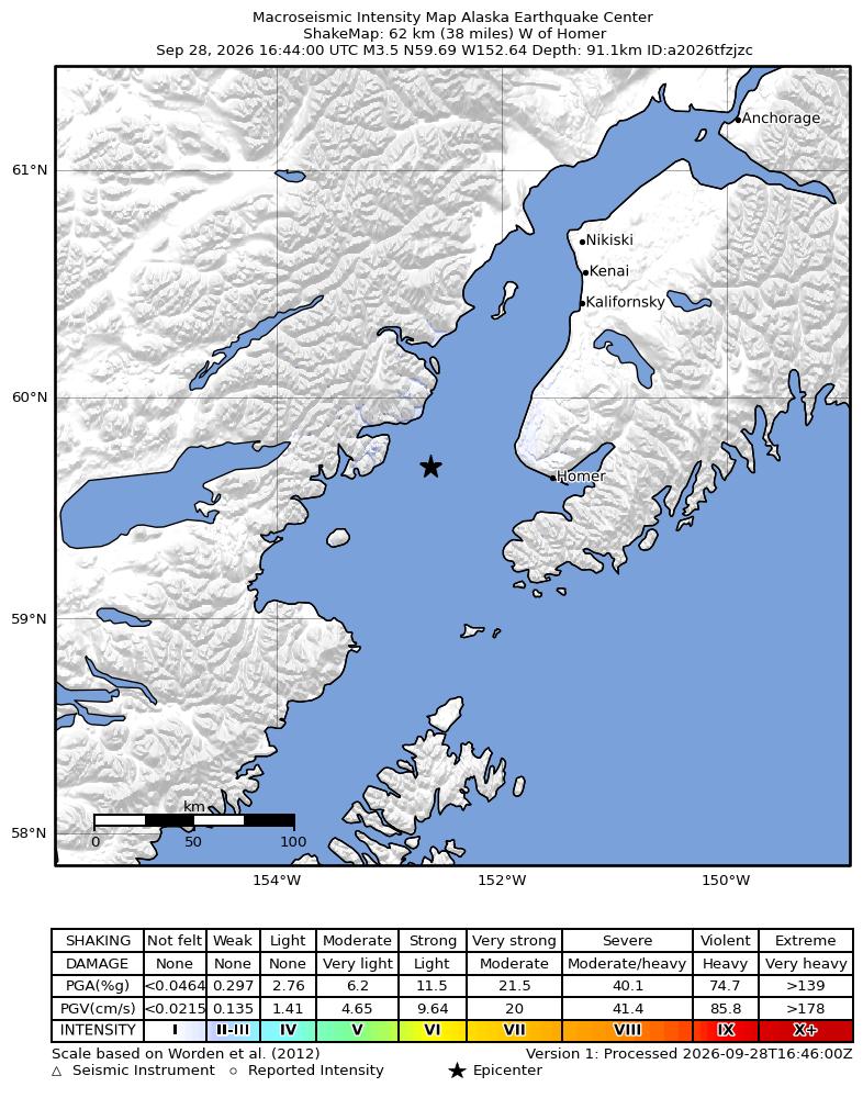 USGS ShakeMap intensity contours for the M3.6 earthquake near 42 km WSW of Anchor Point, Alaska