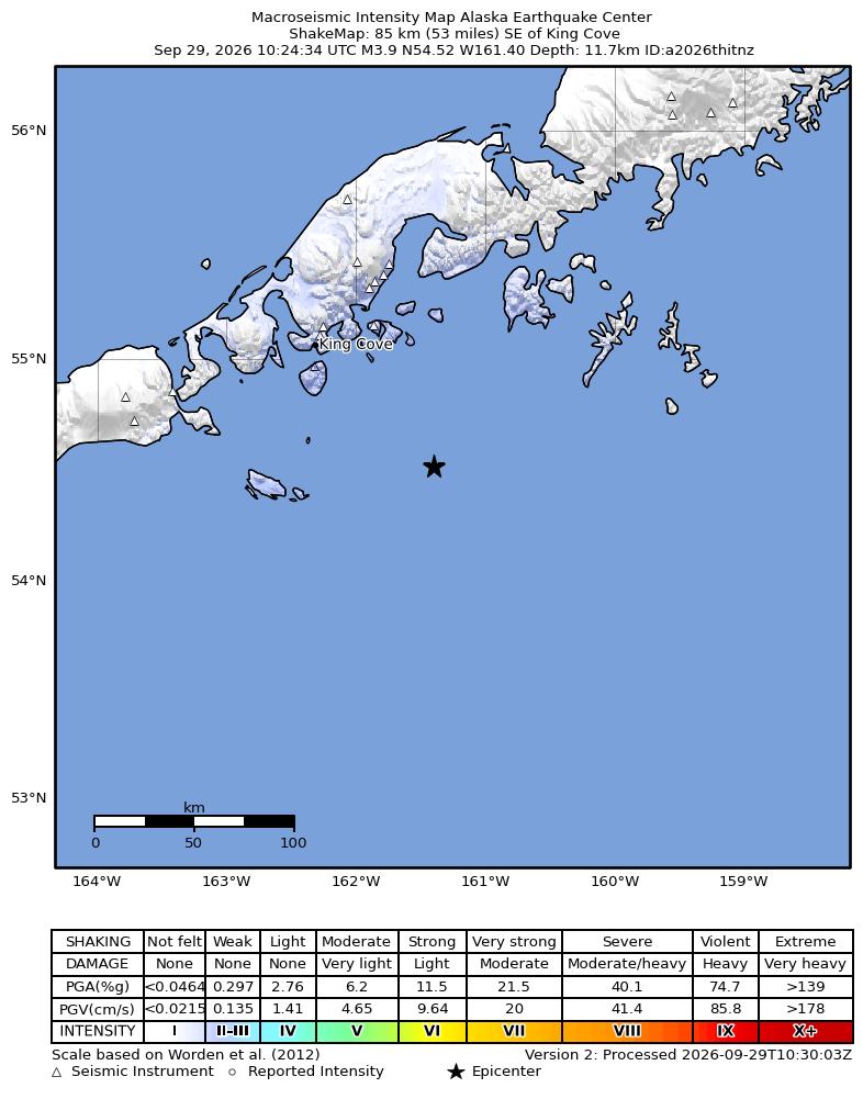 USGS ShakeMap intensity contours for the M4.0 earthquake near 64 km SE of King Cove, Alaska