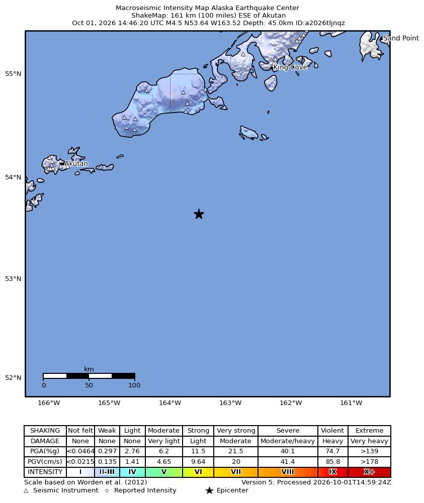 USGS ShakeMap intensity contours for the M4.8 earthquake near 127 km S of False Pass, Alaska