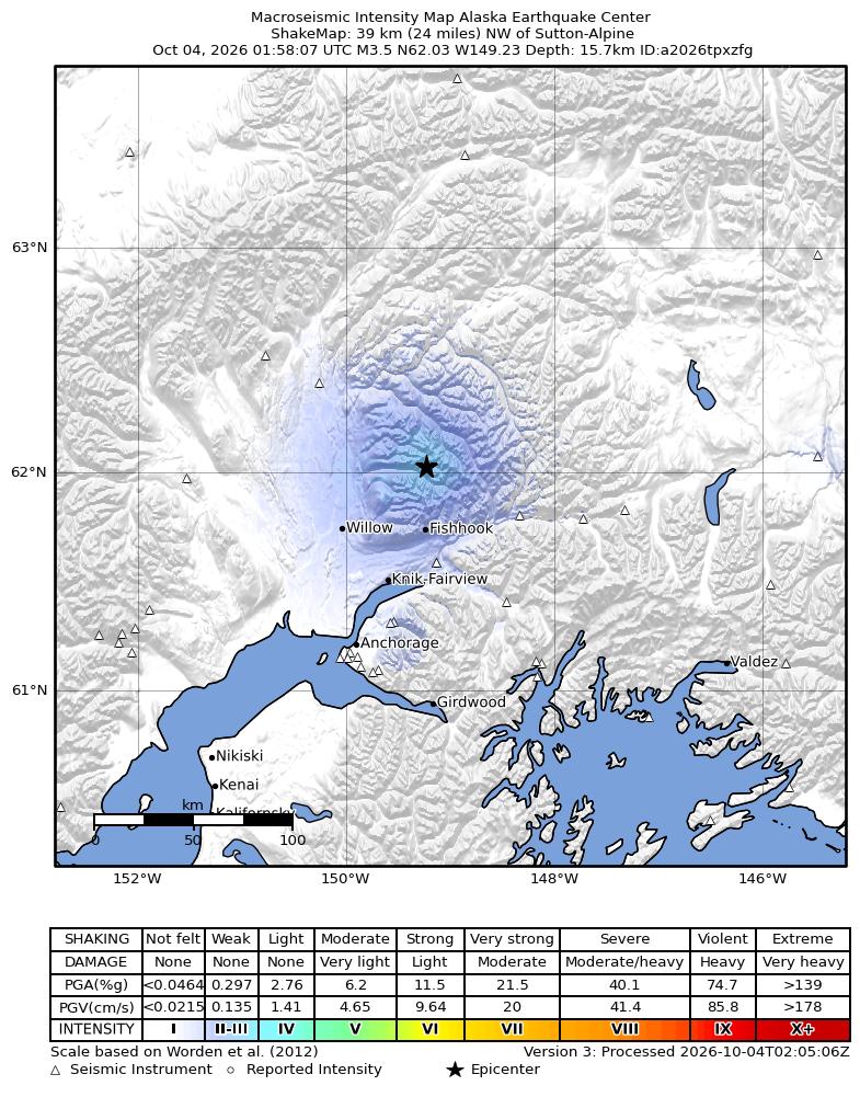 USGS ShakeMap intensity contours for the M3.5 earthquake near 31 km N of Fishhook, Alaska